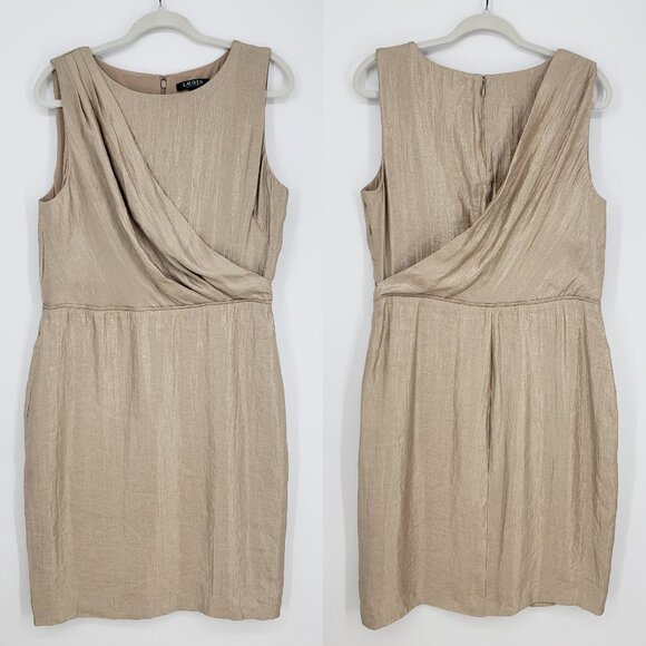 Ralph Lauren Metallic Shimmer Sheath Dress 14 Sleeveless Cocktail Gold Tan - Picture 1 of 11